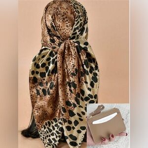 Leopard Print Satin Scarf and Tan Wallet Set